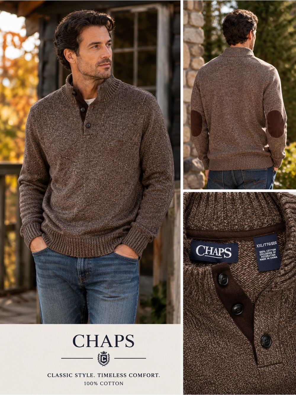 Chaps Men's Brown Button-Neck Crewneck Sweater